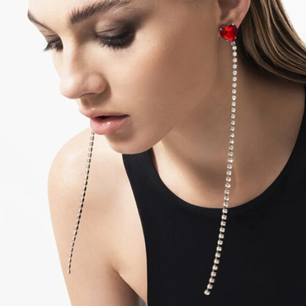 

Rhinestone Small Red Heart Earrings Tassel Chain Drop Earrings Jewelry for Women Luxury Crystal Super Long Dangle Earrings Gift