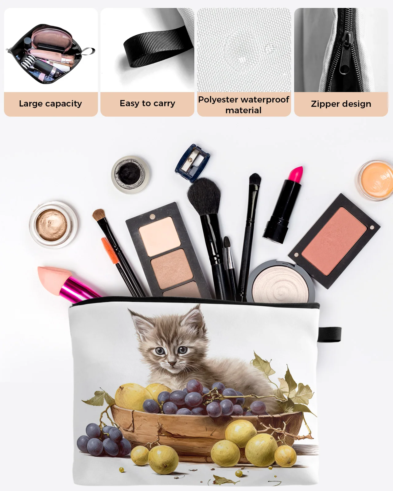 Kitten Fruit Grapes Makeup Bag Pouch Travel Essentials Lady Women Cosmetic Bags Toilet Organizer Kids Storage Pencil Case