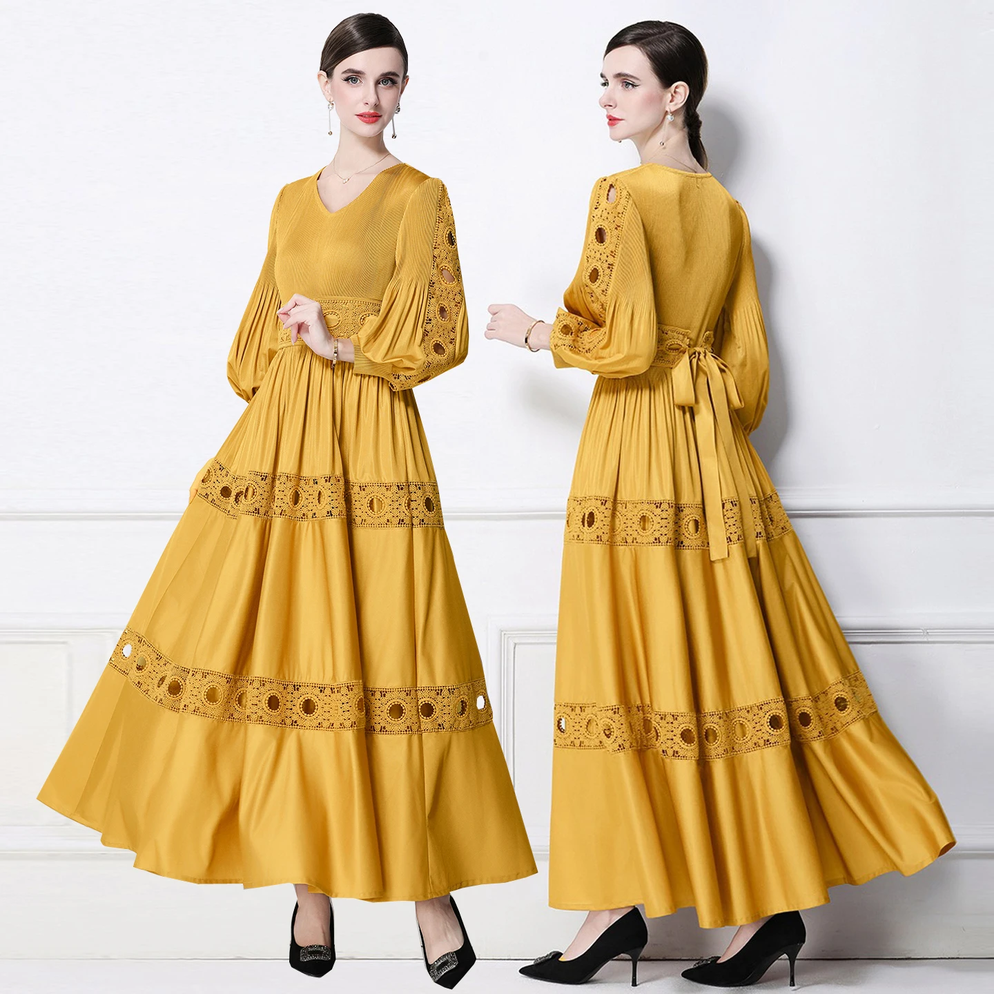 Vestido de encaje de talla grande con cuello en V para mujer, estilo francés, con aberturas, cintura holgada, falda larga, ideal para espectáculos de danza.