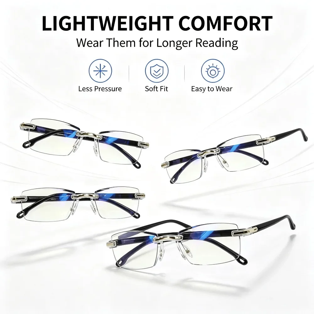 4PCS Rimless Anti Blue Light Reading Glasses for Men, Lightweight Comfort Clear Lens Presbyopic Glasses, Soft Fit No Pressure Long Time Wear Computer Eyeglasses