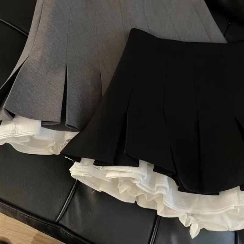 Black Patchwork Pleated Skirts Women Summer Japanese Preppy Ruffles Mini Skirts Y2K High Waist Kawaii All Match A Line Skirts