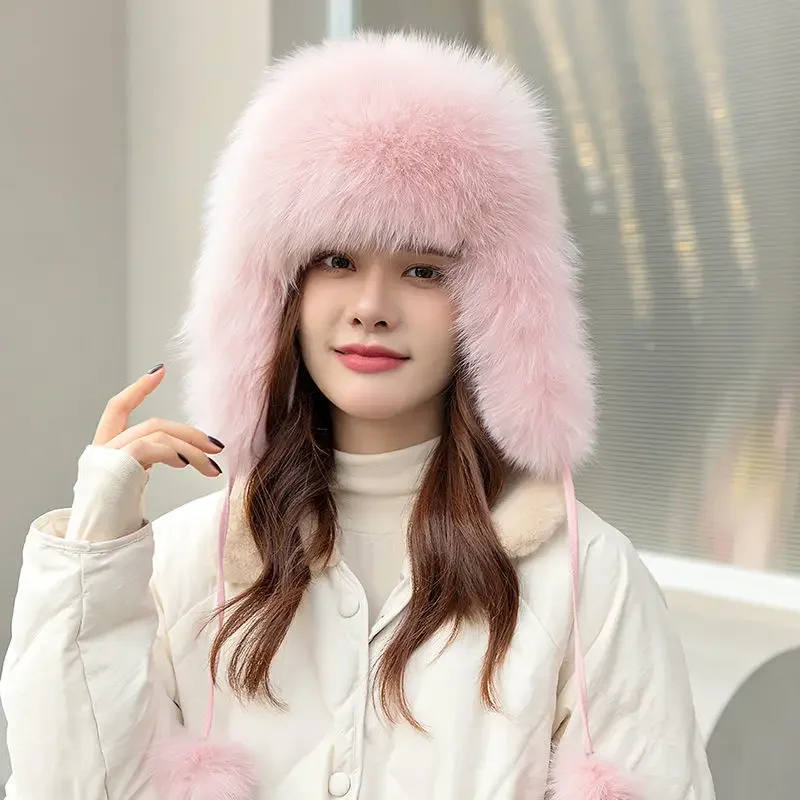 2024 100% Real Fox Fur Hats Women\'s Russian Ushanka Aviator Trapper Snow Skiing Hat Caps Earflap Winter Raccoon Fur Bomber Hat