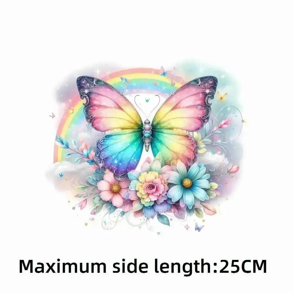 25cm Rainbow Colorful Flower Butterfly Iron-On Transfers Sticker For T-Shirts DIY Washable Heat Transfer For Clothes Stickers