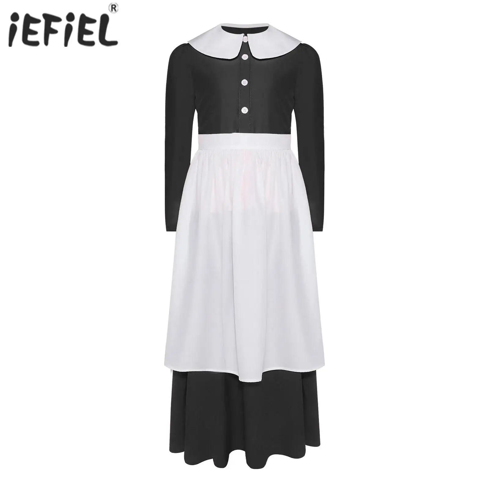 

Kids Girls Pilgrim Maid Costume Cosplay Party Sets Shirt Skirt and Apron 3-piece Set Lapel Long Sleeve Blouse Top A-line Skirt