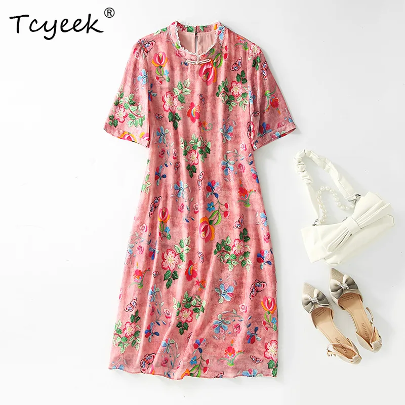 Tcyeek، فساتين حريرية حقيقية 100% بأكمام قصيرة، رقاب نسائية زهرية، أنيقة للعطلات شيونغسام، صيف 2024 جديد D46110QM