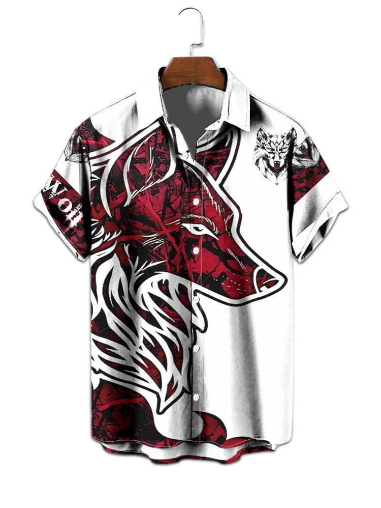 Wolf 3d Digitaal Print Shirt Persoonlijkheid Tribale Stijl Chique Zomer Korte Mouw Shirt Casual Losse Revers Kraag Heren Overhemd