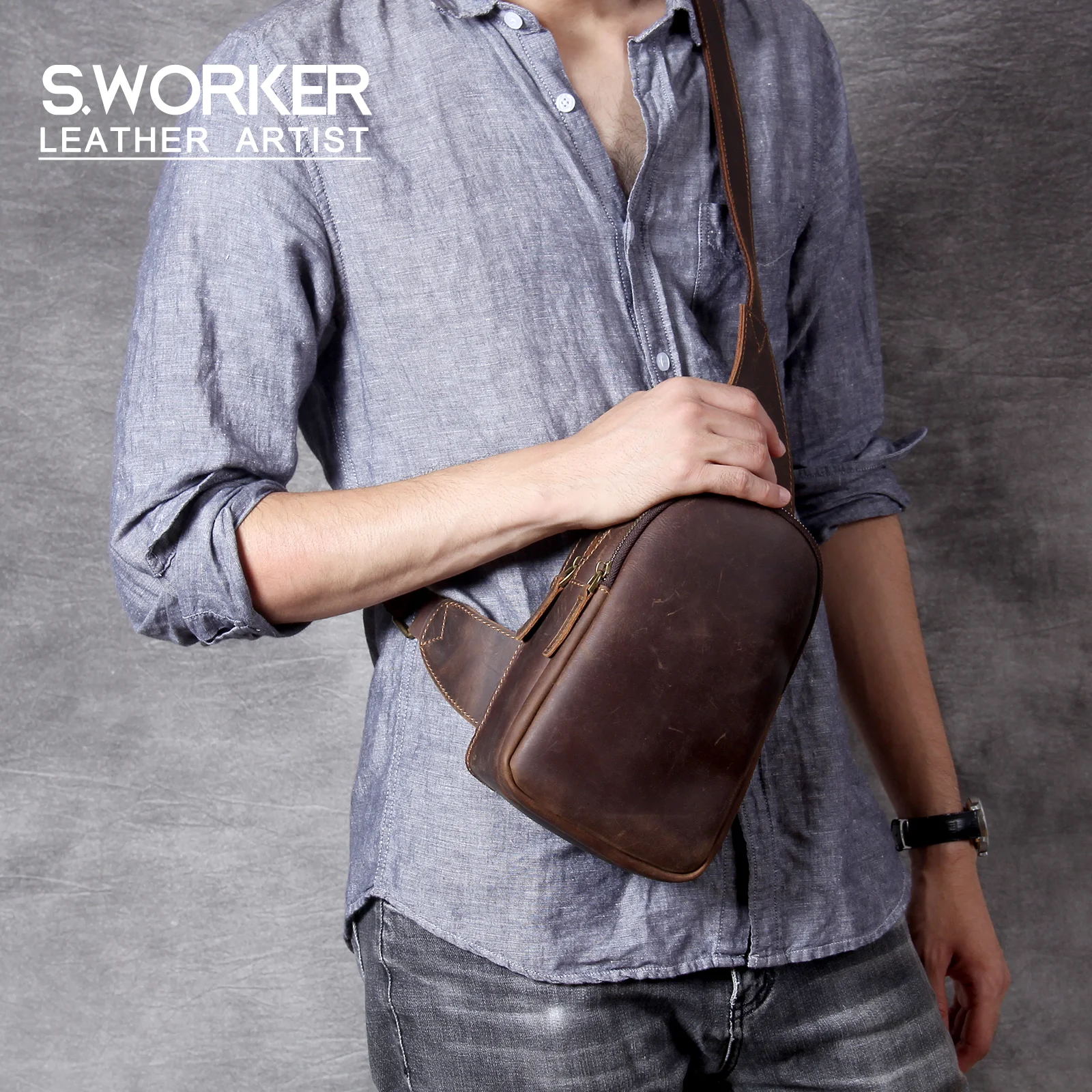 S.WORKER Brusttasche aus Vollnarbenleder für Herren, Umhängetasche aus echtem Leder für Herren, Vintage Retro Freizeittasche – Detail 2