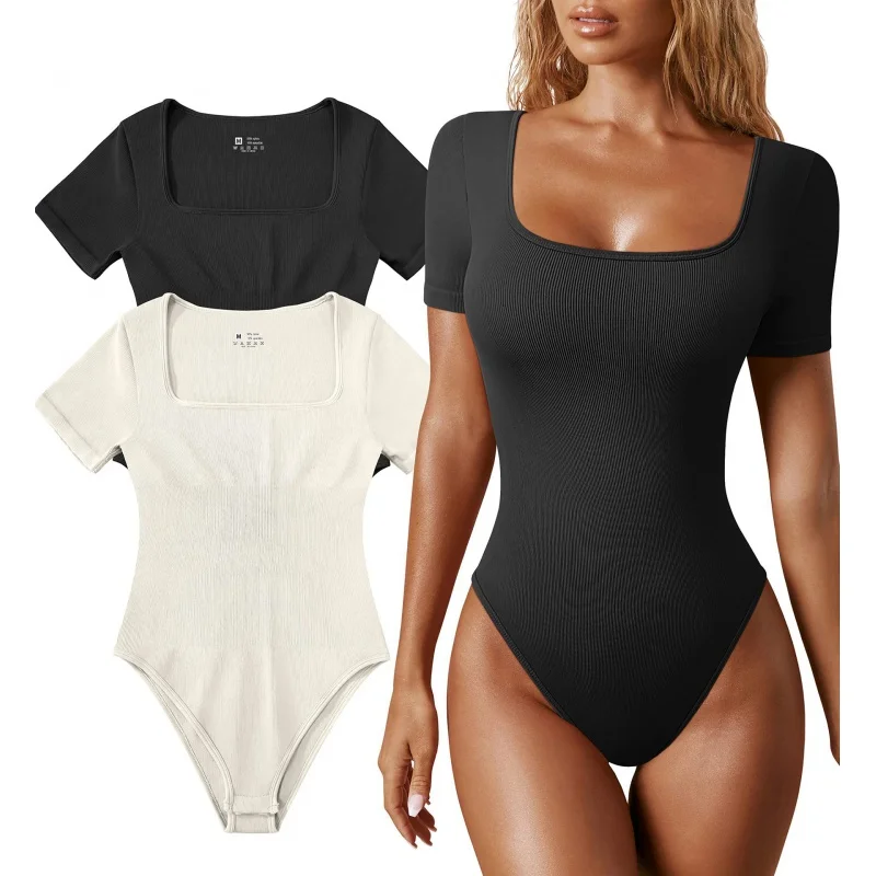 Cross-Border New Arrival European and American Seamless Thread Sexy Square-Neck Short Sleeve Tight Jumpsuit Body Shaping Solid C