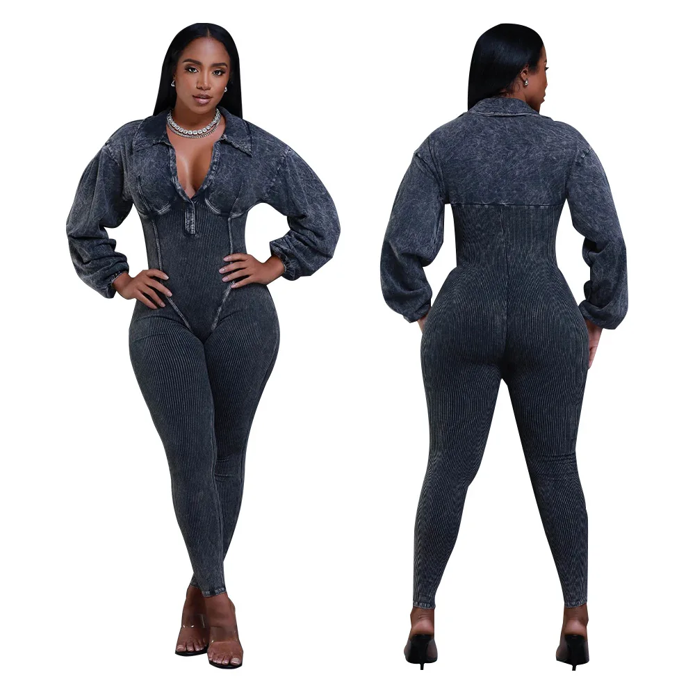 Fashion Women Knit Ribbed Long Sleeve Moto Biker Jumpsuits 2024 Autumn Washed Street Playsuit One Piece Suit Romper