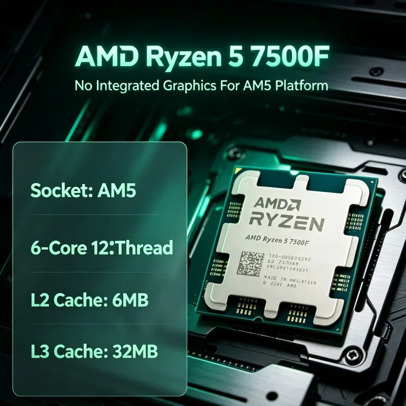 Clock Speed CPU AMD Ryzen 5 7500F 6 Core 12 Thread 5.0GHz Max Boost 38MB Total Cache PCIe 5.0 AM5 Processor for Pro Gamer