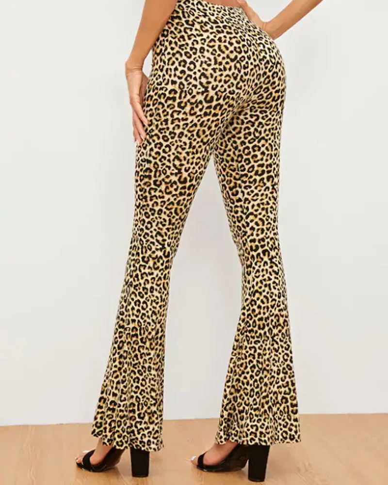 Leopard Print Flare Leg Pants  Casual High Waist Floor Length Pants  Women\'s Clothing