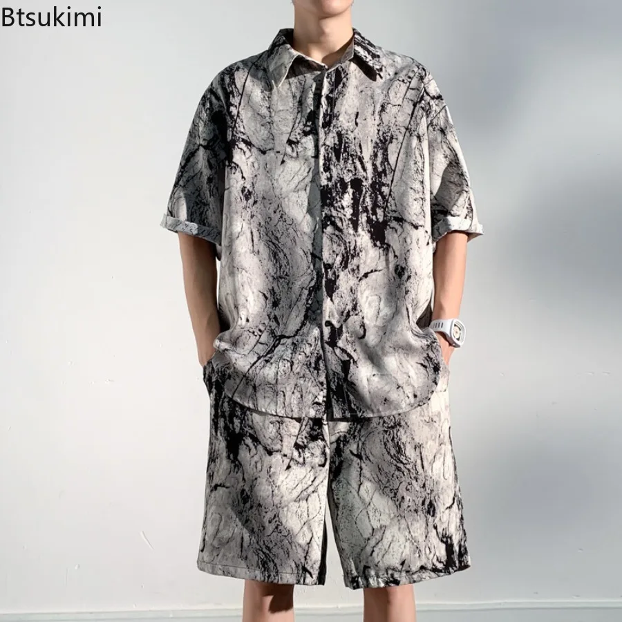 New 2025 Ink Tie Dye Flower Short Sleeved Shirt Men's Summer High-end Shirt Chinese Style Short Sleeved and Shorts Two-piece Set