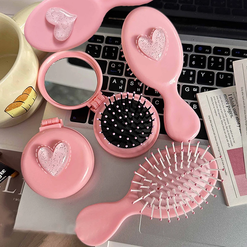 Cute Pink Love Folding Massage Comb Head Massage Air Cushion Comb Anti-Static Portable Travel Girl Hair Combs With Mirror