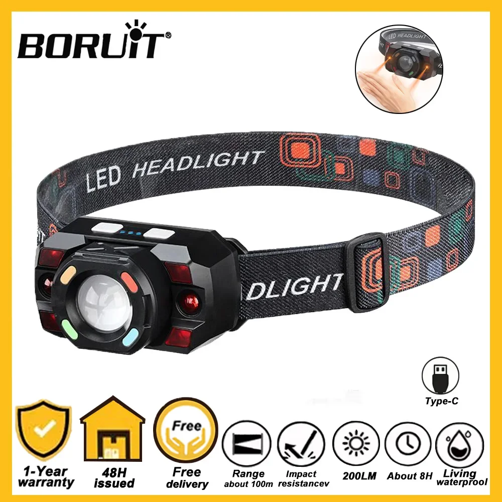 

BORUiT 300LM светодиодный налобный фонарь с датчиком движения, перезаряжаемая водонепроницаемая фара со встроенной батареей 18650 для кемпинга и использования на открытом воздухе