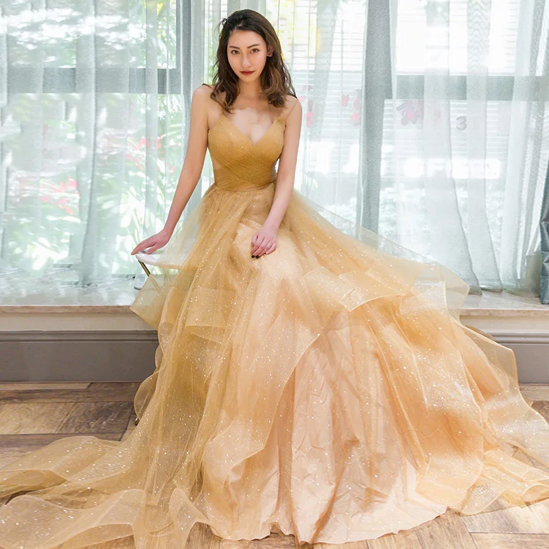 

It's Yiiya Customized Evening Dress Golden Tulle Pleat Sgaphetti Straps A-line Floor Length Plus size Woman Party Formal Gowns