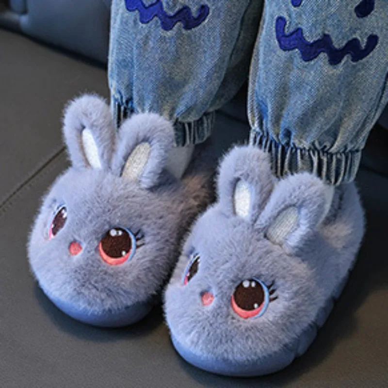 Children Slippers Cute Rabbit Fluffy 2025 Winter New Cotton Slippers Warm Comfortable Indoor Cartoon Plush Floor House Slippers