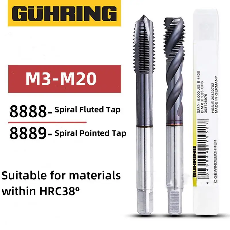 

Germany Original GUHRING JIS Standard 8888 8889 Spiral Pointed Tap Fluted M3M4M5M M8M10M12M14M16M18mM20 Machine Thread Taps