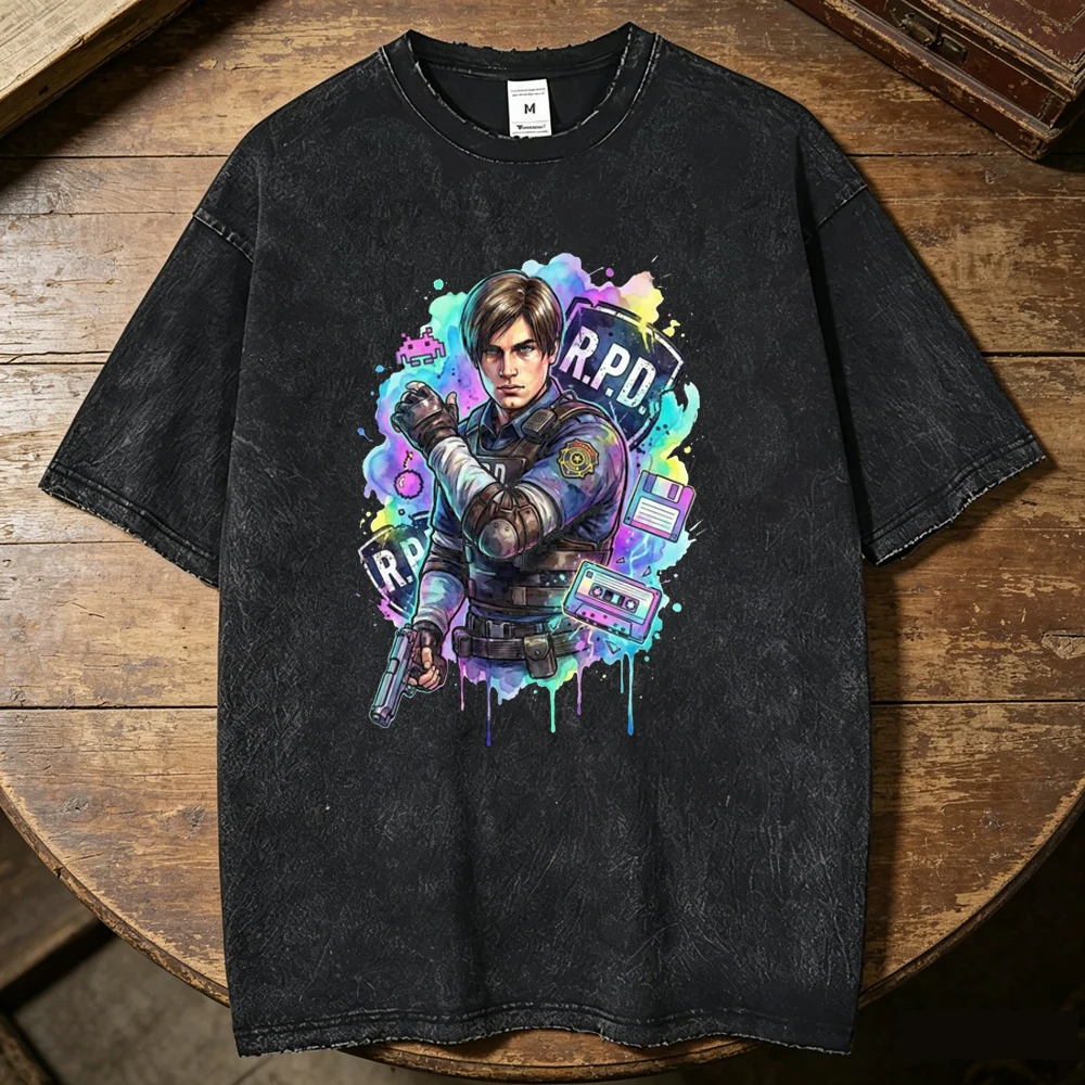 Leon Kennedy Vintage Washed cotton men aesthetic University korean clothes streetwear hip hop aesthetic Punk 2000s Classic