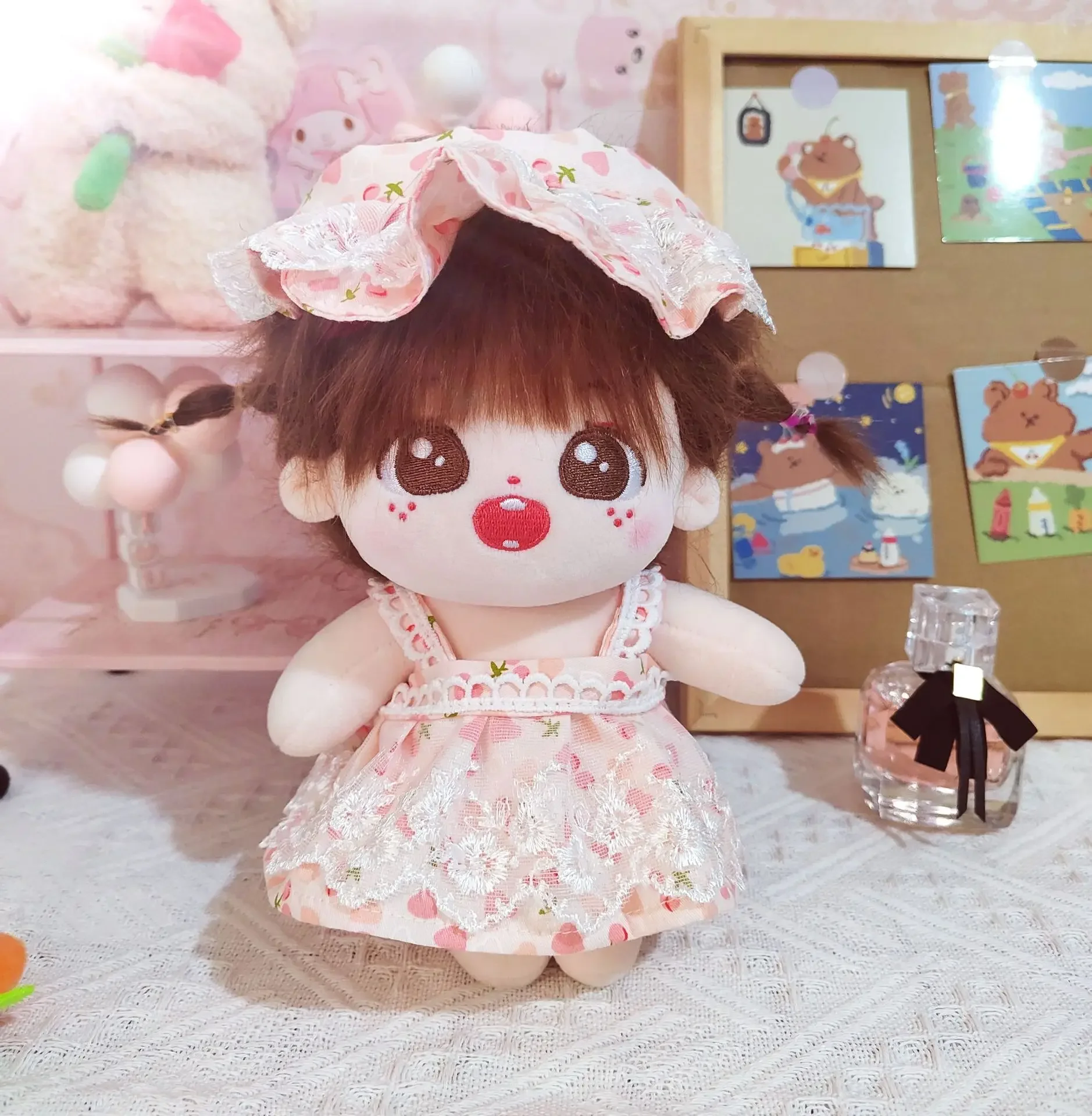 20cm Baby IDol Doll Customization Star Plush Doll Cherry Sun hat Strap skirt For Wangyibo Xiaozhan Fans Collection Gift