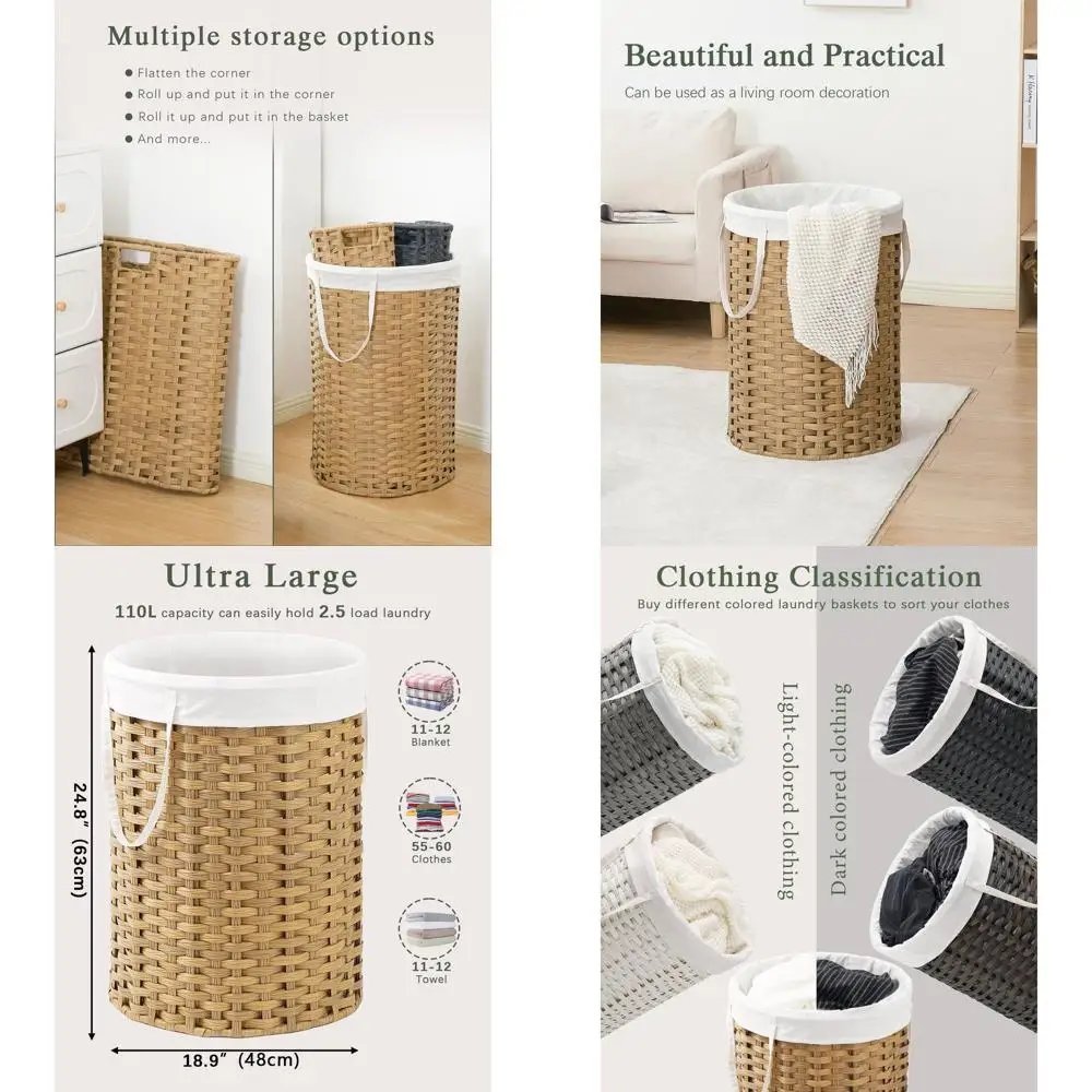 

Round Rattan Laundry Hamper with Handles, Large Wicker Basket 29.1 Gal, Removable Bags & 2 Mesh Bags for Home Storage