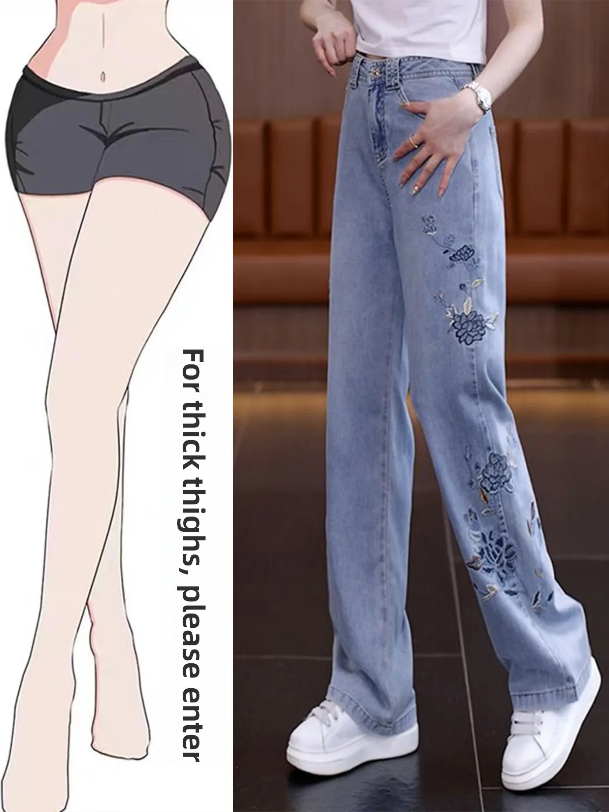 

Summer High Waist Embroidered Wide Leg Jeans Women's Faionable New Sle Commute Sle Loose Fit Long Cotton Polyester Blend