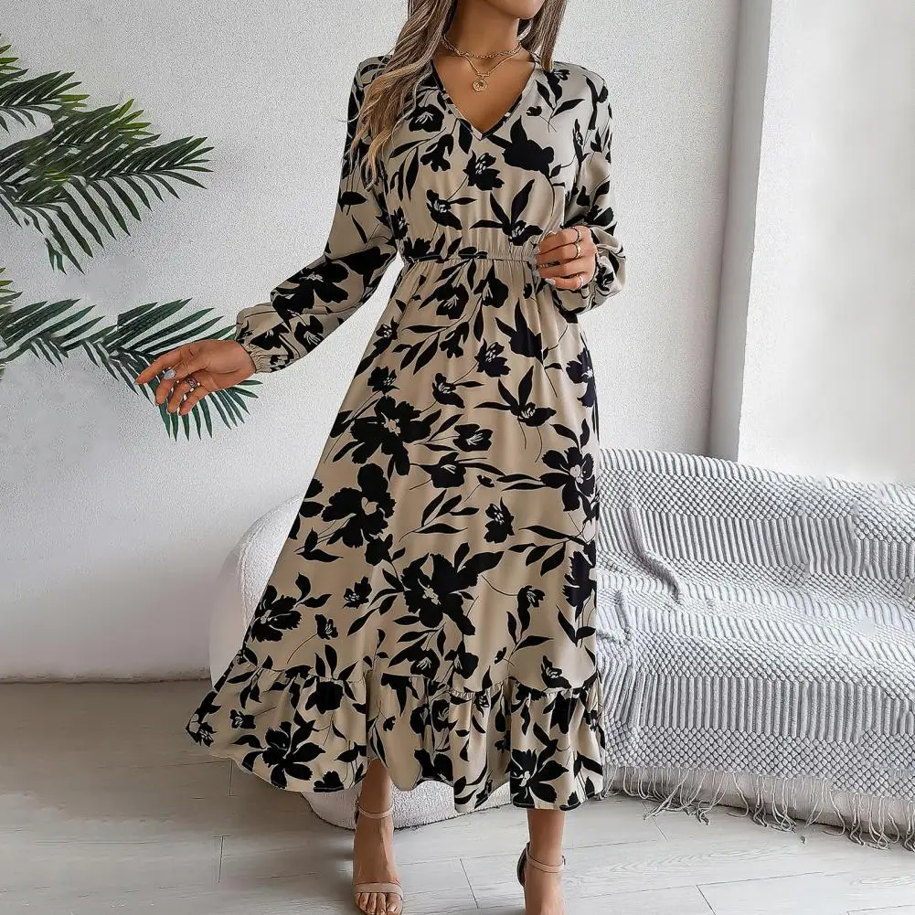 Lightweight Dress Elegant Floral Print V Neck Midi Dress with Ruffle Hem Women's Spring Fall A-line Dress for Dating Shopping