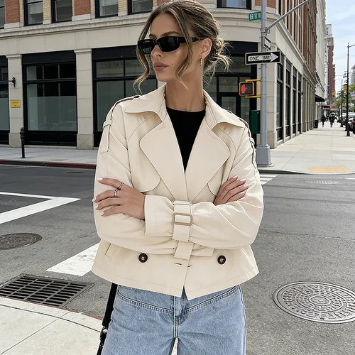 Imagen 2 del producto Gabardina de Mujer Otoño 2025 con Diseño de Cuello Exclusivo – Cruzada, Oversize, Corta, Manga Larga, Cortavientos Utilitario