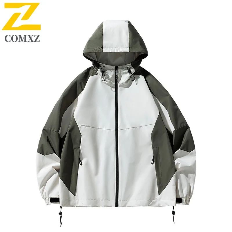 سترة رجالية بغطاء للرأس ملونة للربيع والخريف مقاومة للرياح ومقاومة للماء معطف رياضي للمشي لمسافات طويلة في الهواء الطلق سترة واقية خفيفة الوزن غير رسمية