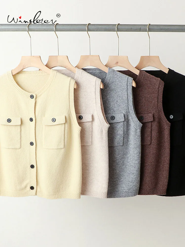 

Winsleter-100%Sheep Wool Elegant Vest Sweater, O Neck Buttons, Women Fashion Commute Knit Cardigan Vest, 2025 Autumn T59340CC