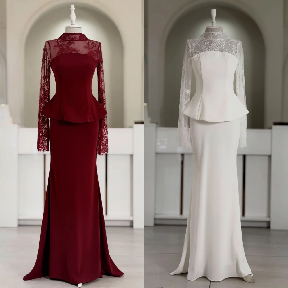 

Customized Chinese Style Formal Jersey Lace Pleat Mermaid High Collar Long Dresses Evening Dresses Sizes Available High Quality