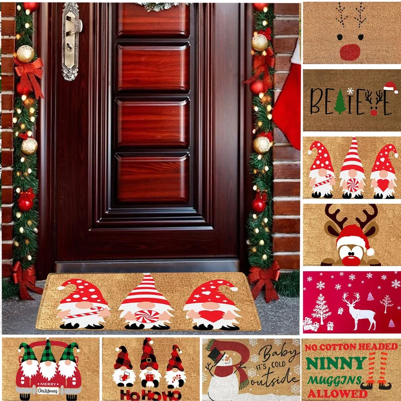 VIKAMA Christmas Gnome Door Mat Rustic Tan Tomte Elf Candy Cane Welcome Rug Snowflake Entryway Floor Mat Non Slip Decor