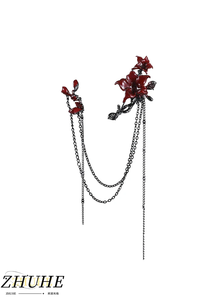 

Vintage Red Flower Brooch with Chain Tassel, Unique Jewelry Accessory for Women Men, Retro Style Statement Piece for Party & Dai