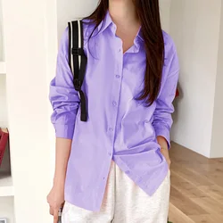 New Fashion Spring Autumn Simple And Casual Loose Versatile Pure Color Lapel Shirt Women'S 100% Cotton Long Sleeve Underlay