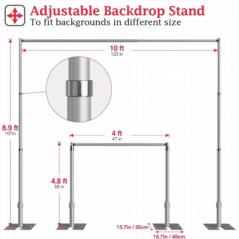 

8.9ftx10ft Pipe and Drape Backdrop Stand Kit, Heavy Duty Adjustable Photo Backdrop Holder with Flat Base for Photography,Wedding