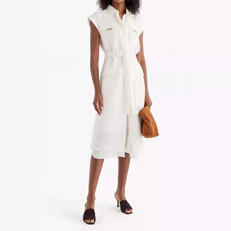 คุณภาพสูงฤดูร้อนสุภาพสตรีผ้าไหมแขนสั้นชุดความยาวกลาง A-Line Dresses