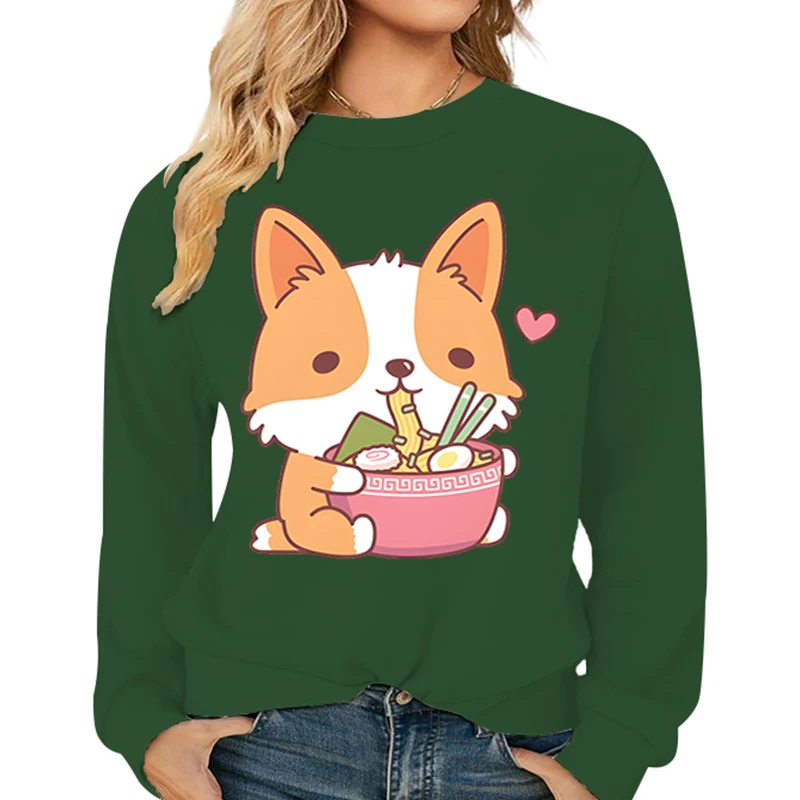 2024 autunno inverno abbigliamento donna Cartoon Ramen Corgi Dog felpe larghe Femme manica lunga Cute Animal Anime Style felpe con cappuccio