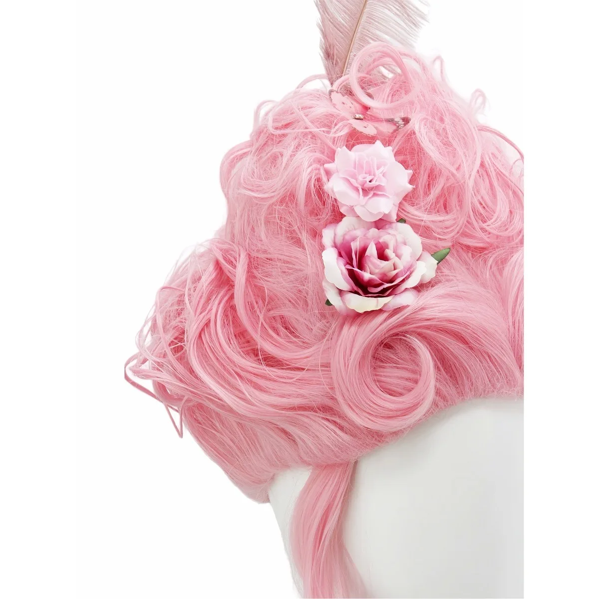 Rosa Flauschige Hochwertige Synthetische High-Top-Perücke | Königinnenfrisur mit Federblumen | Perücke für Queen Cosplay – Detail 8