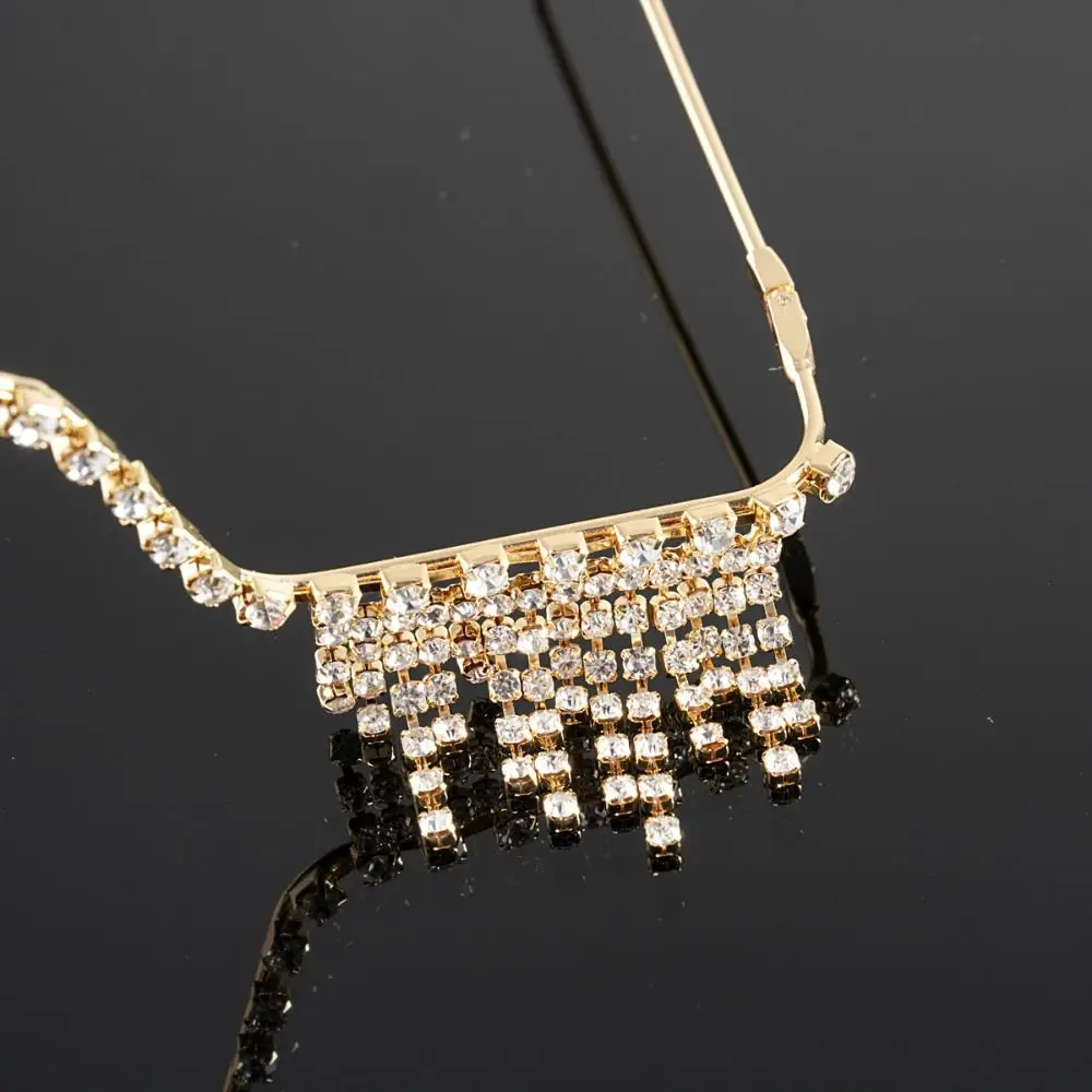 Foldable Tassel Rhinestone Eyeglass Frame Crystal No Lens Glitter Mask Decoration Face Jewelry Luxury Metal Glasses Frames Girls