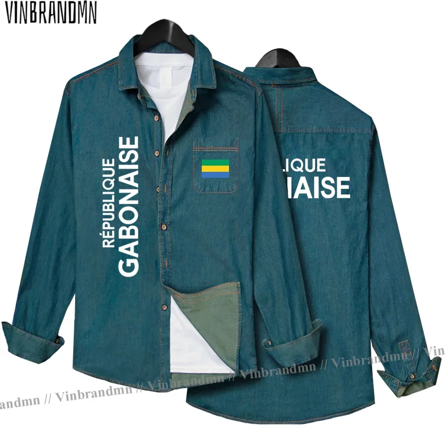 

Габонская Республика Gabon Gabonaise GAB GA Мужская одежда Осенняя хлопковая джинсовая рубашка с отложным воротником и флагом Ковбойское повседневное пальто с длинными рукавами Новое