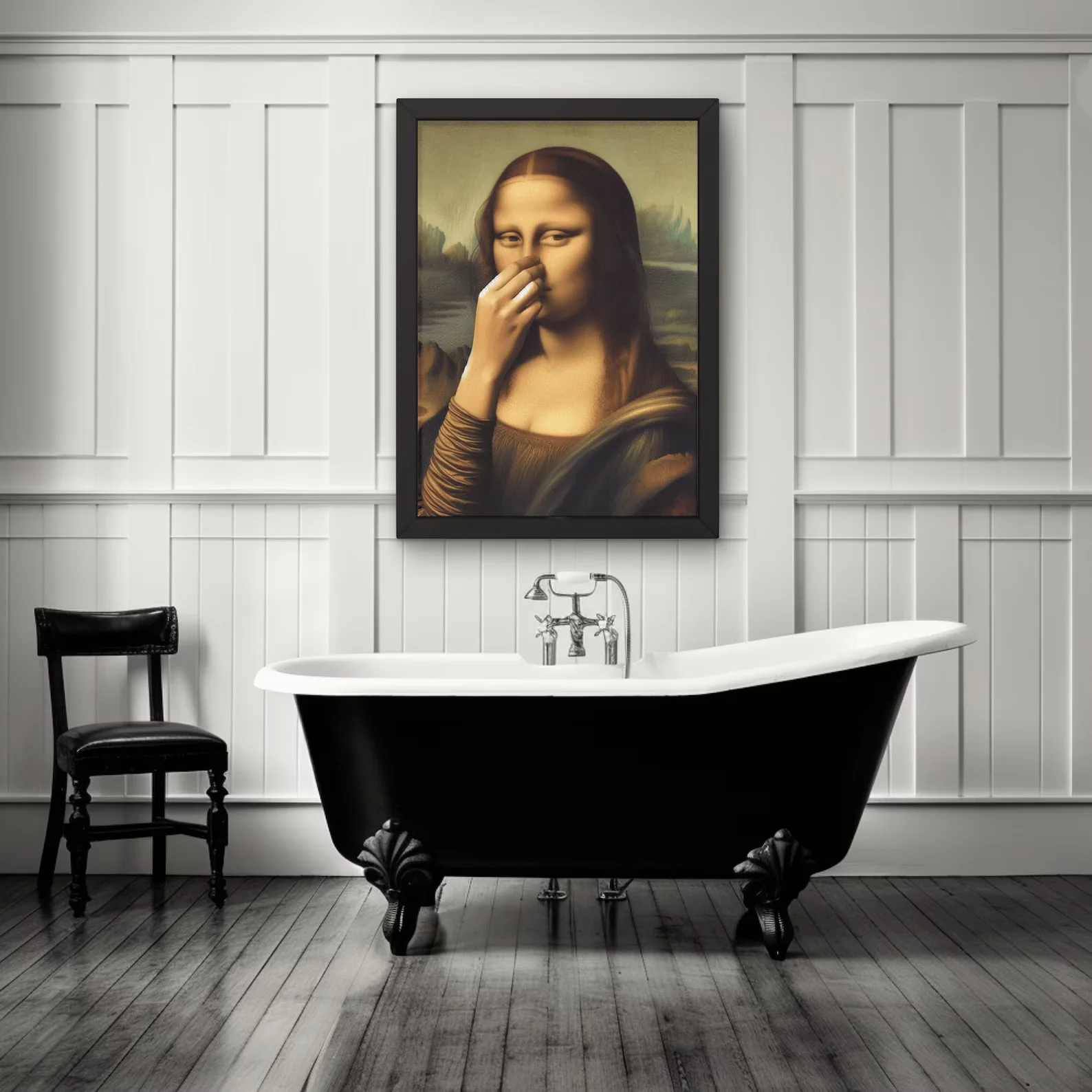 Parody Mona Lisa Bathroom Wall Art Decor Covering her Nose Vintage Bad Smell Poster Print Toilet Humor Funny Leonardo Davinci In
