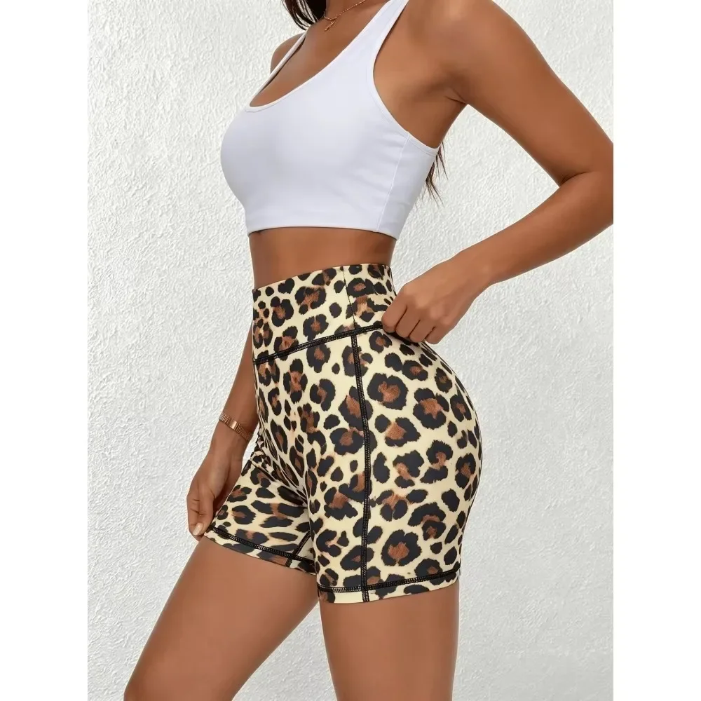 Women Leopard Print High Waisted Butt Lifting Athletic Shorts Tight Running Shorts With Pockets Soft Breathable Gym  Shorts
