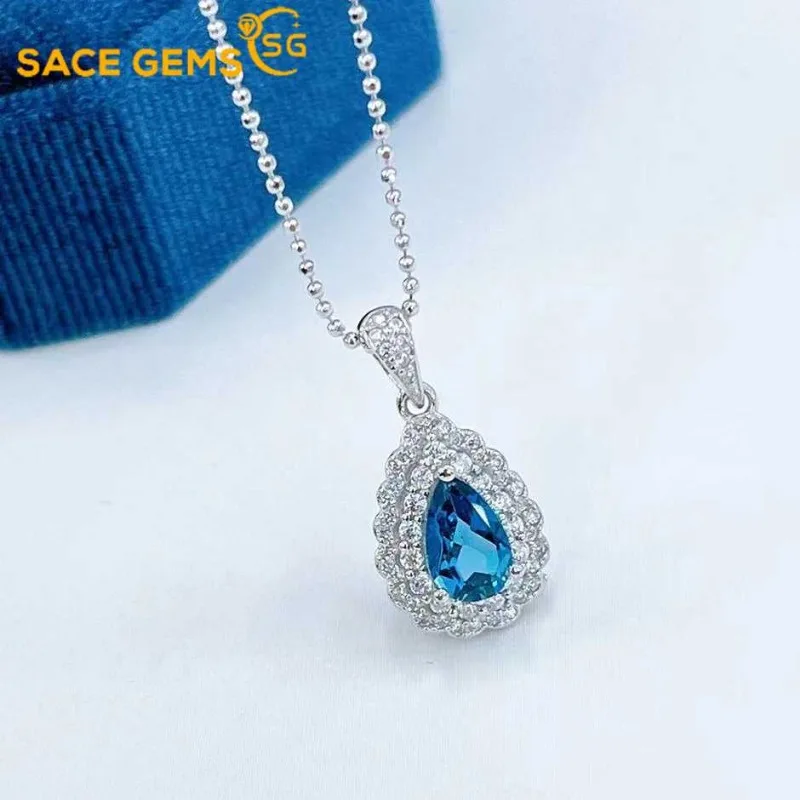 SACE GEMS Luxury 925 Sterling Silver 5*8MM Natual London Blue Topaz Pendant Necklace for Women Cocktail Party Fine Jewelry Gift