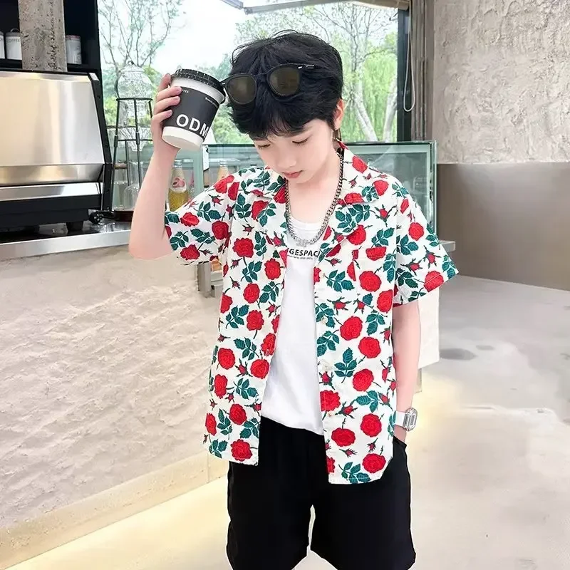 

2025 Summer Hawaiian Shirt for Boys and Girls 3D Printed Button Up Cardigan Shirt Short Sleeve Casual Loose Permeable Shirt T