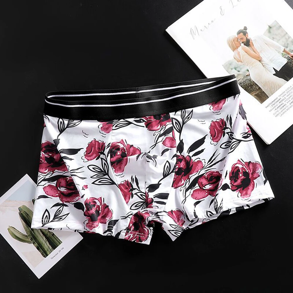 

Men's Sexy Ice Silk Underwear Floral Printings Bulge Pouch Soft Underpants Low Rise Trunks Male Breathable Panties