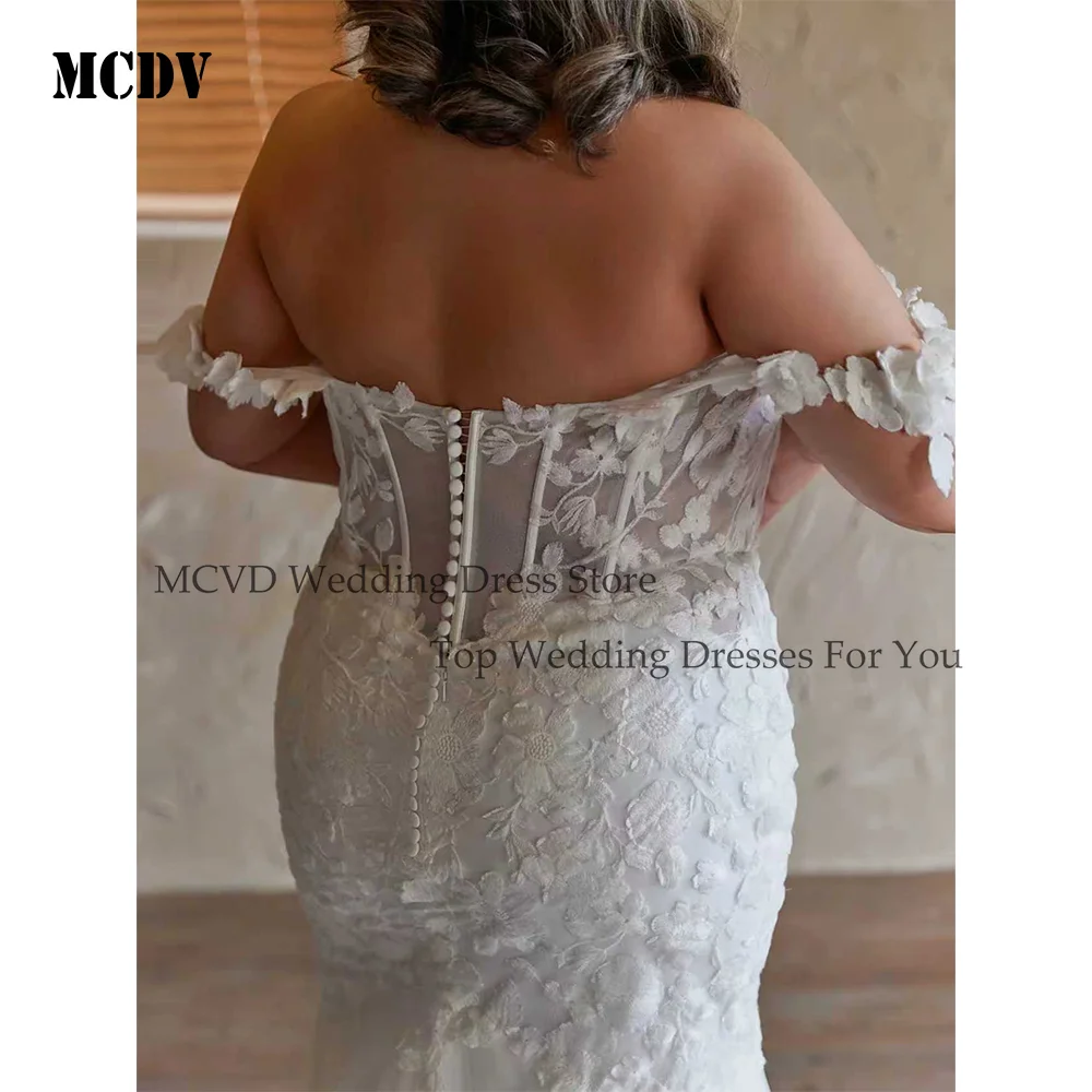 فساتين زفاف كبيرة الحجم بحورية البحر من MCDV على شكل قلب مكشوفة الكتف بطبعة زهور ثنيات فستان زفاف فيستدو دي نوفيا مخصص