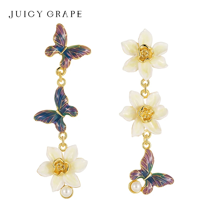 

Juicy Grape Daffodil Butterfly Dangle Earrings for Women Handmake Enamel Flower Asymmetrical Earrings Birthday Party Jewelry