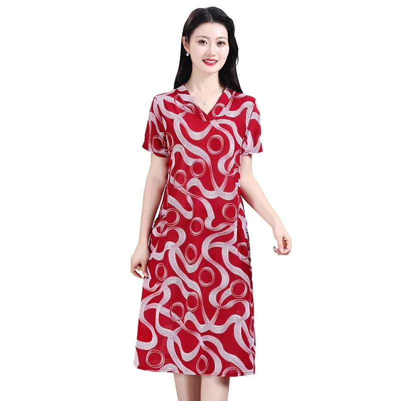 

Vintage Loose Short Sleeve Print Dress Summer Casual V-Neck Sundress Women Elegant Party Vestido