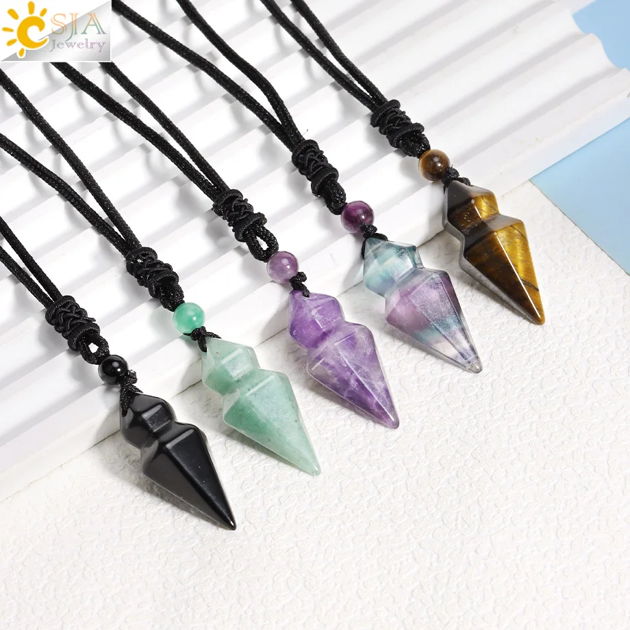 CSJA Natural Stone Cone Necklace Man Healing Fluorite Amethysts Pink Quartz Crystal Pendant Necklaces for Women Jewelry H490