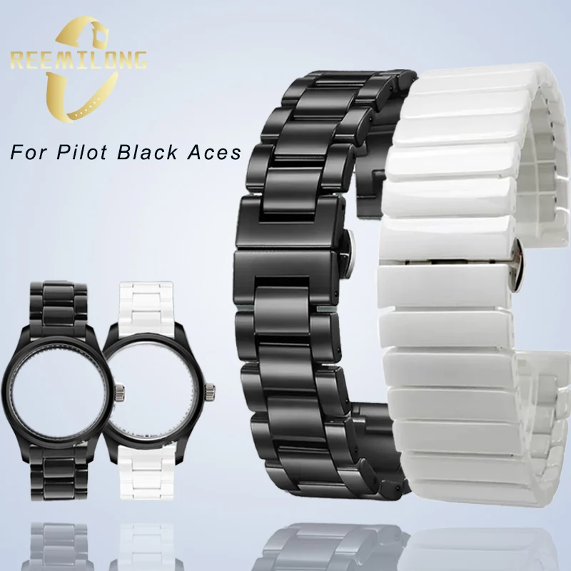 Ceramic watch strap 20mm 22mm High-quality soild black white smooth men's watchband bracelet gift tool For IWC Pilot Black Aces