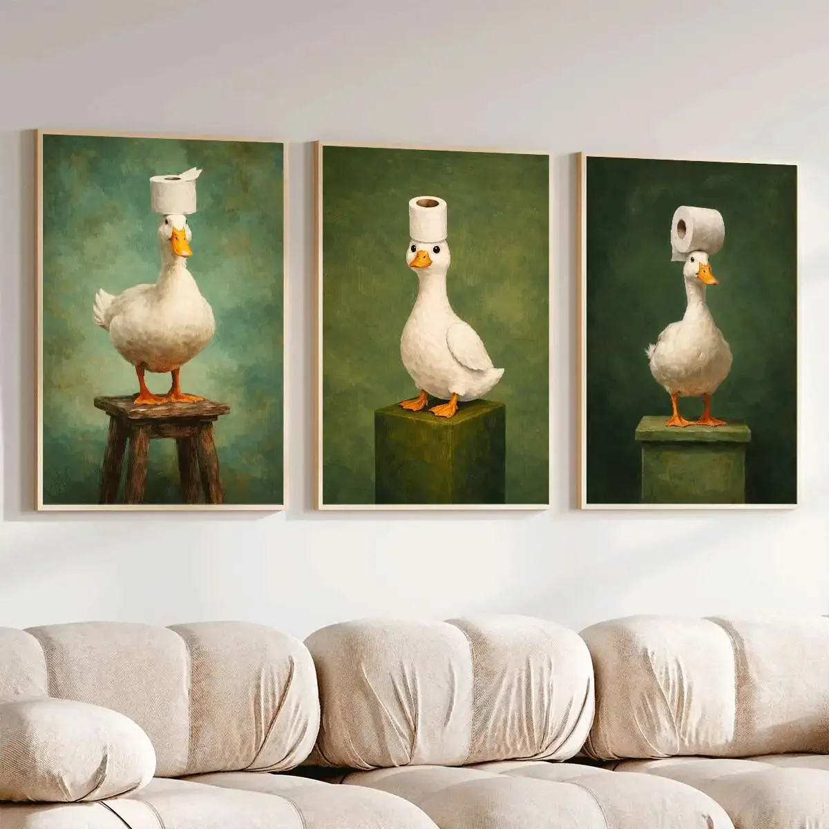 （Unframe 3PCS）-3PCS Fun Ducks and Toilet Paper Art Poster  Toilet Wall Art  Green Background Wall Decoration  Canvas Painting